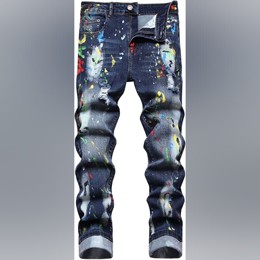 New Mens Painted Designer Slim Fit Jeans Multiple Sizes